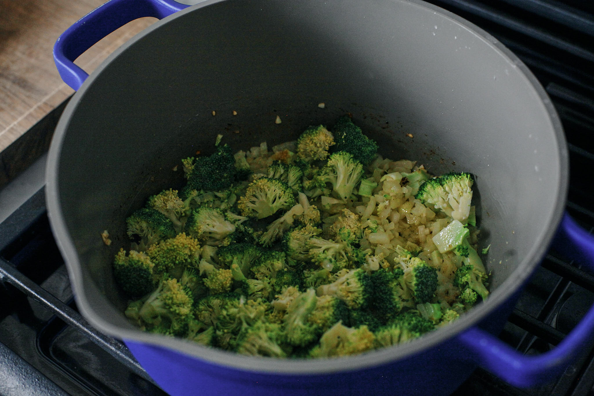 Broccoli Soup 2 broccoli, onions, garlic and seasonings sautéeing in a pot