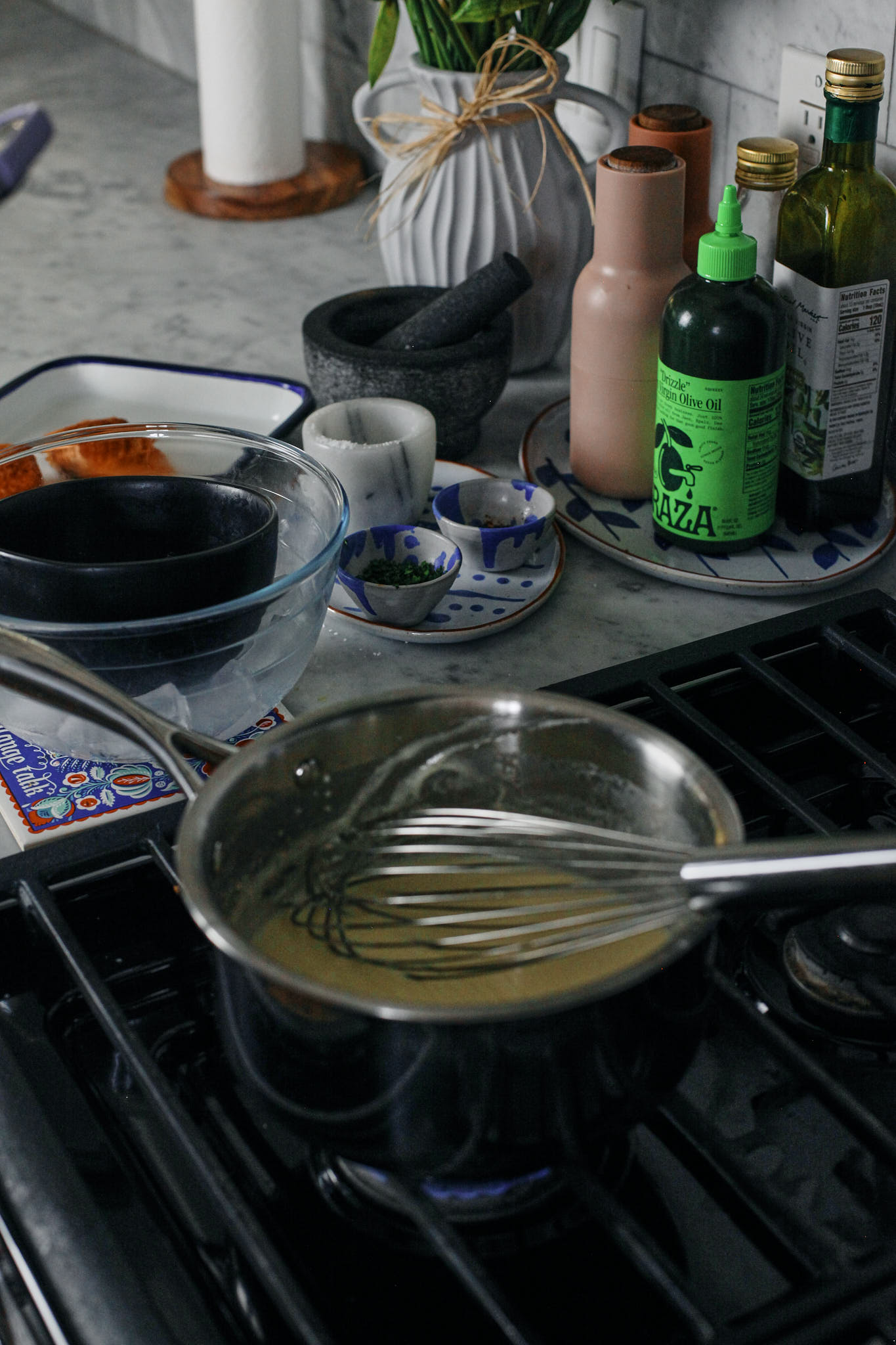prepping the sauce for the norwegian salmon