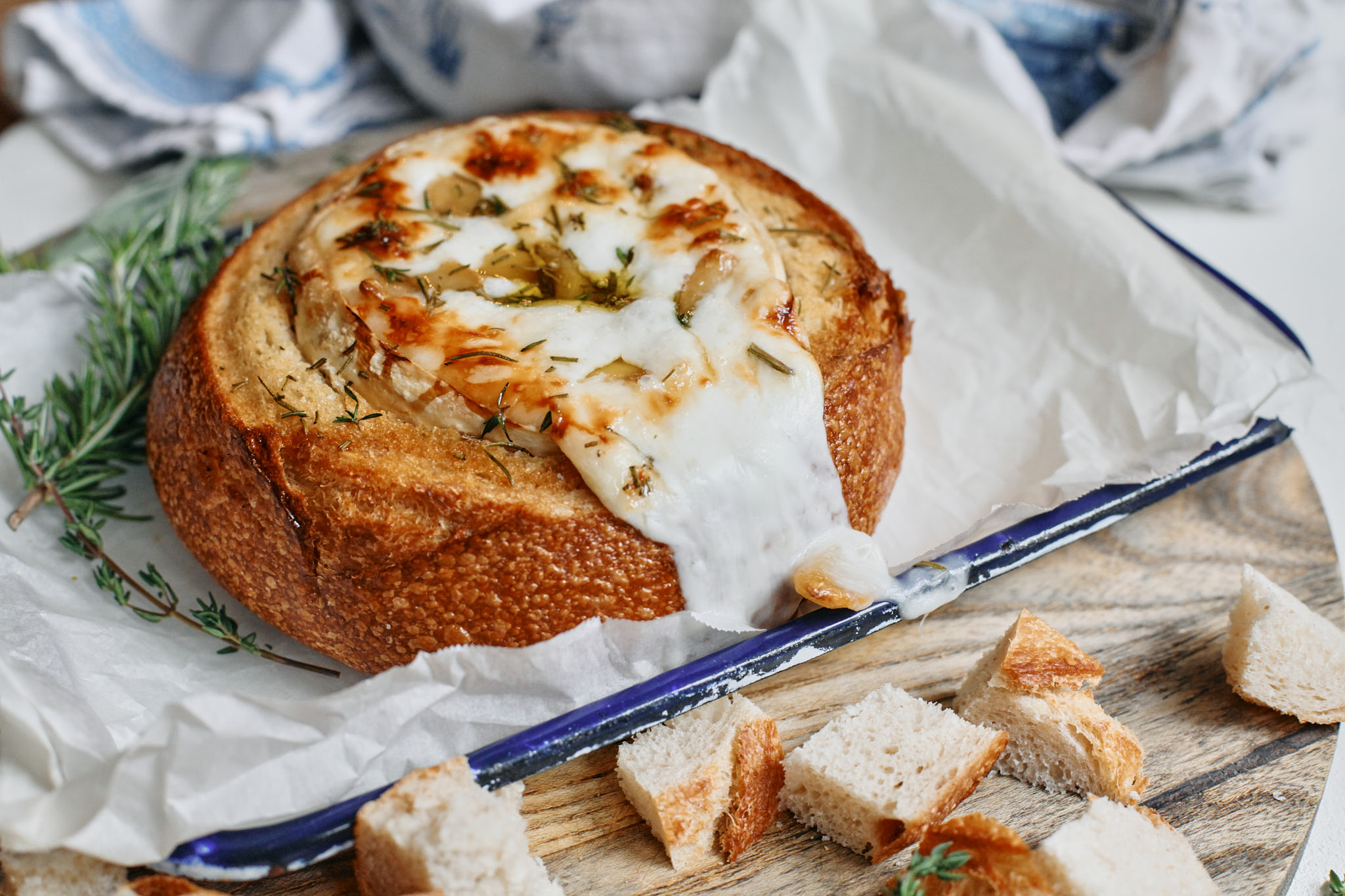 garlic confit baked brie in sourdough