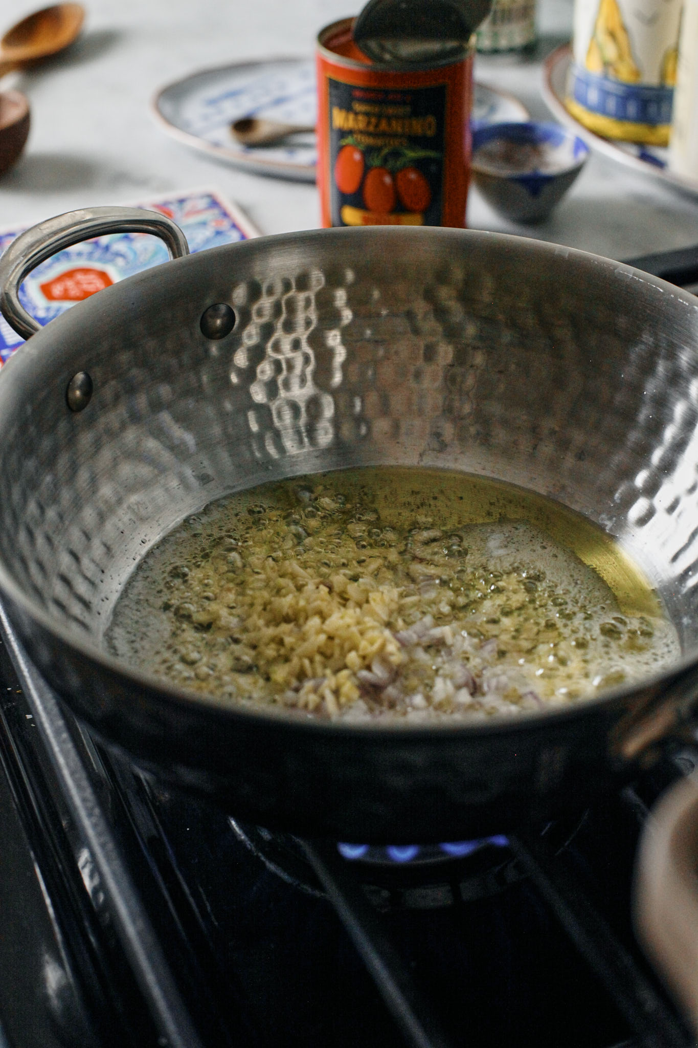 shallots and garlic sauteeing in olive oil and butter
