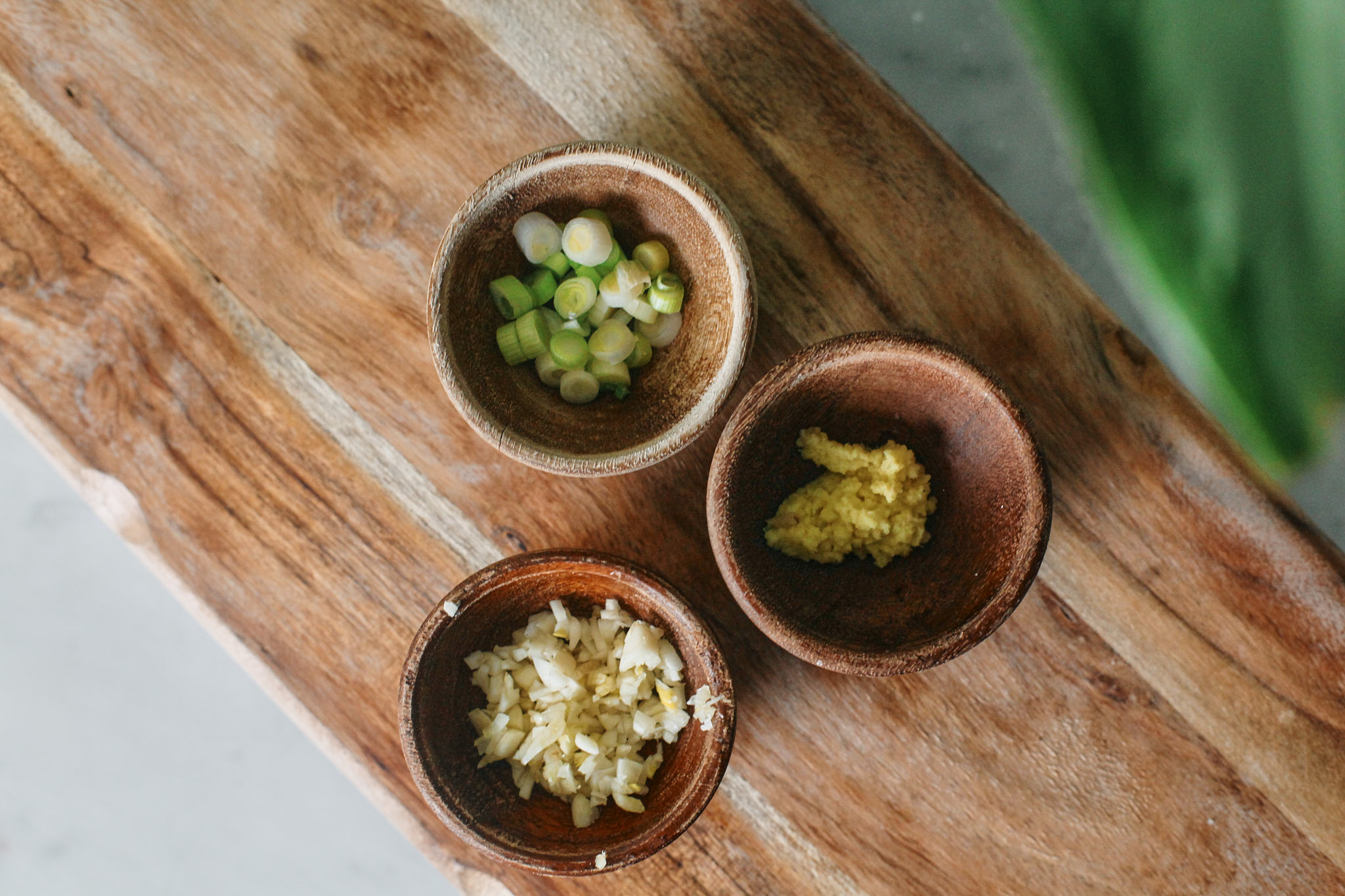 prep for the ginger chicken noodle soup: garlic, ginger, green onion