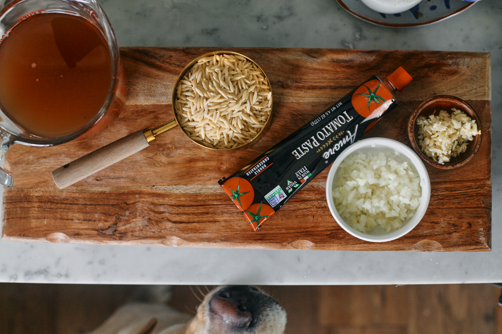 Tomato Orzo 3 prep for one pot creamy tomato orzo : onion, garlic, tomato paste, orzo and broth