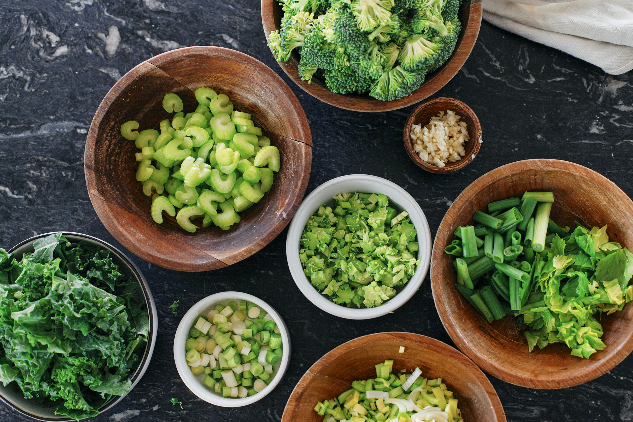 prep for green goddess tortellini soup: chopped green vegetables