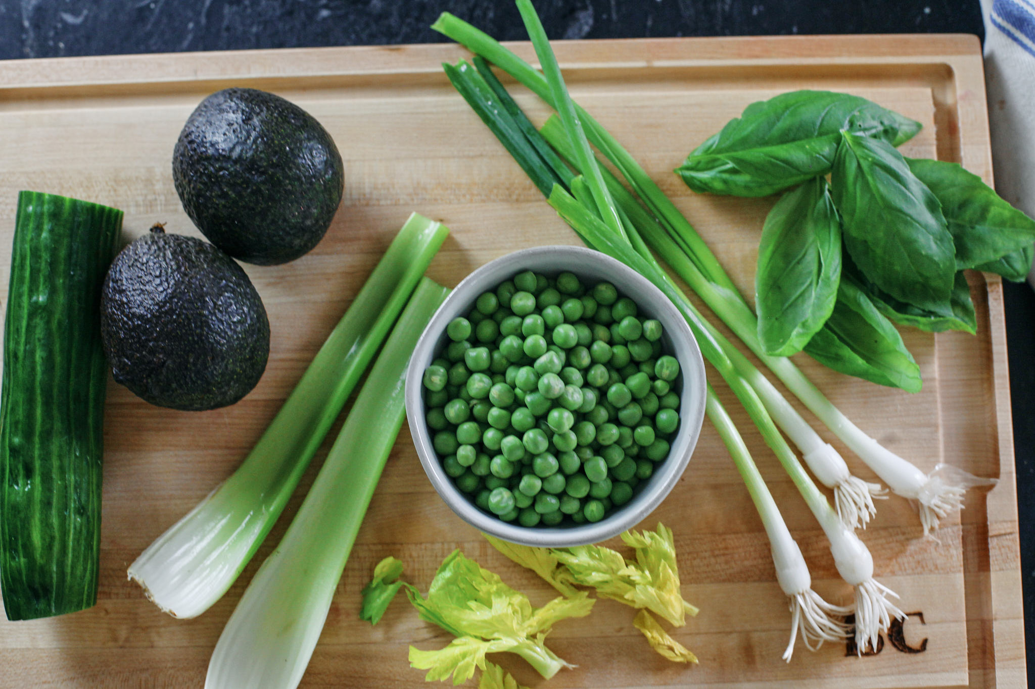Green Goddess Pasta Salad 1 prep for the green goddess salad: cucumber, avocado, celery, peas, basil, green onions