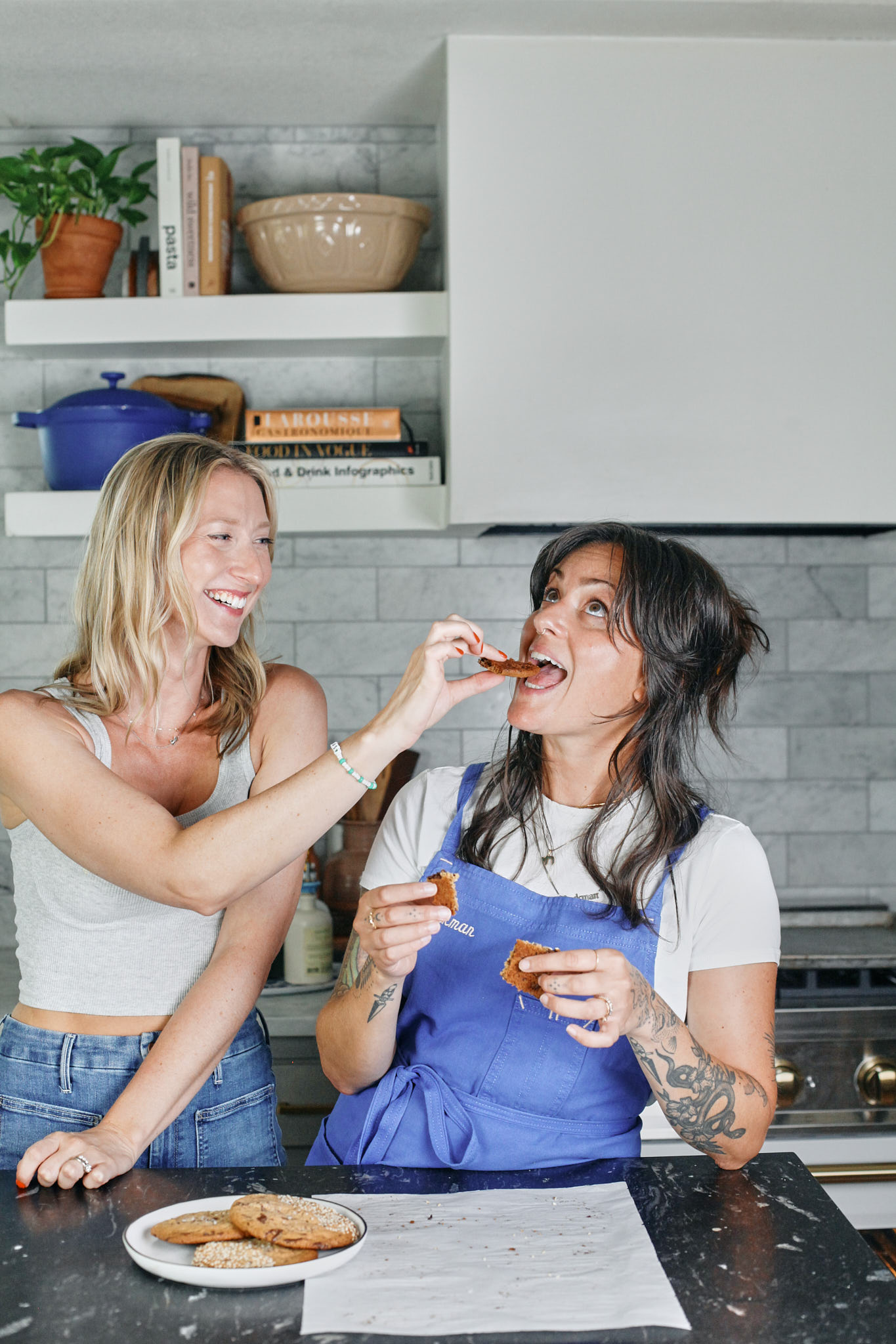 Halva Chocolate Chip Cookies 43 brita and amanda rockman trying the cookies and goofing off in the kitchen