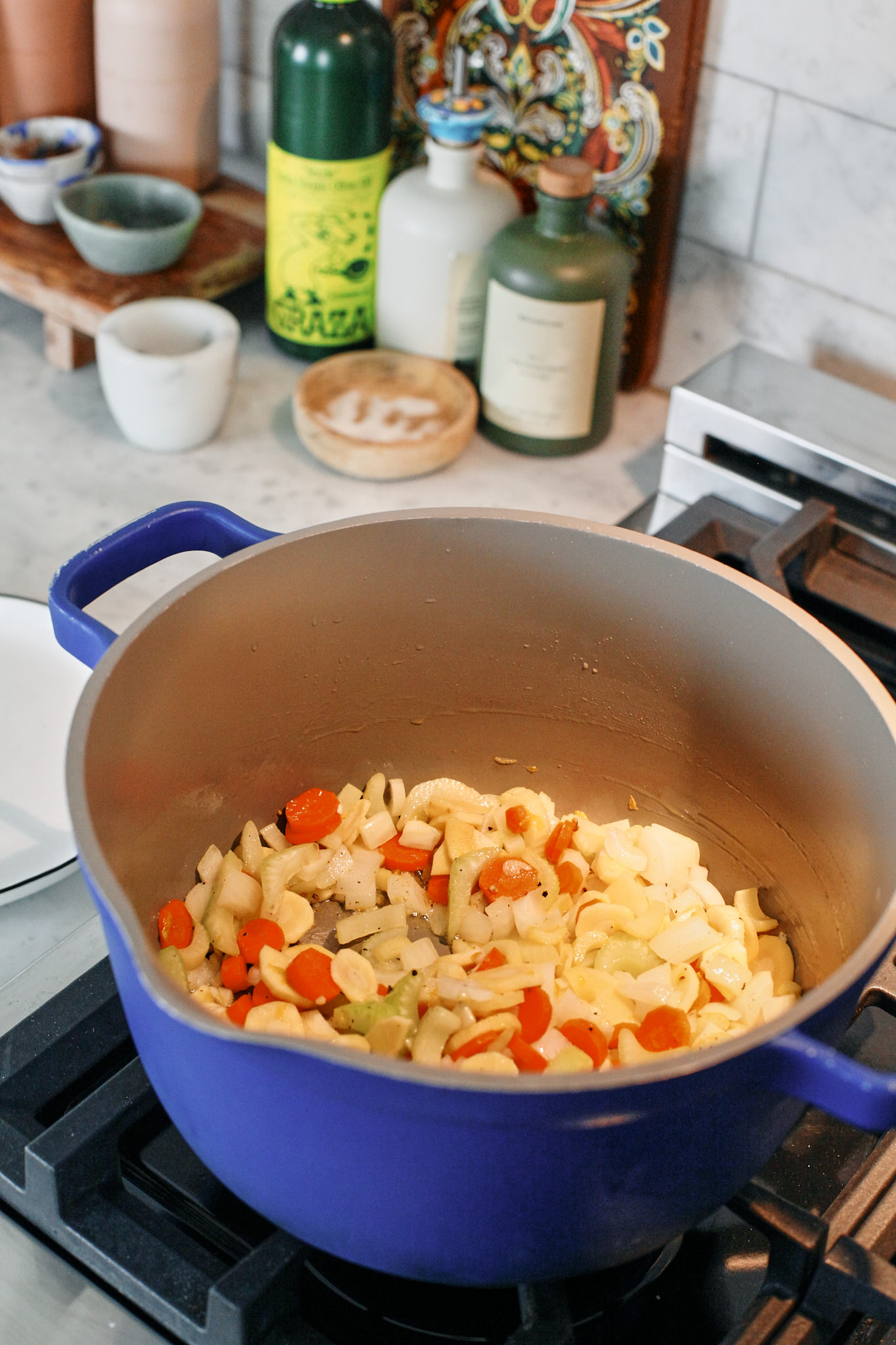 Creamy tortellini vegetable soup 5 prep for the creamy tortellini vegetable soup: chopped celery, carrots, parsnip, onion and garlic all sautéeing in a pot with olive oil and butter