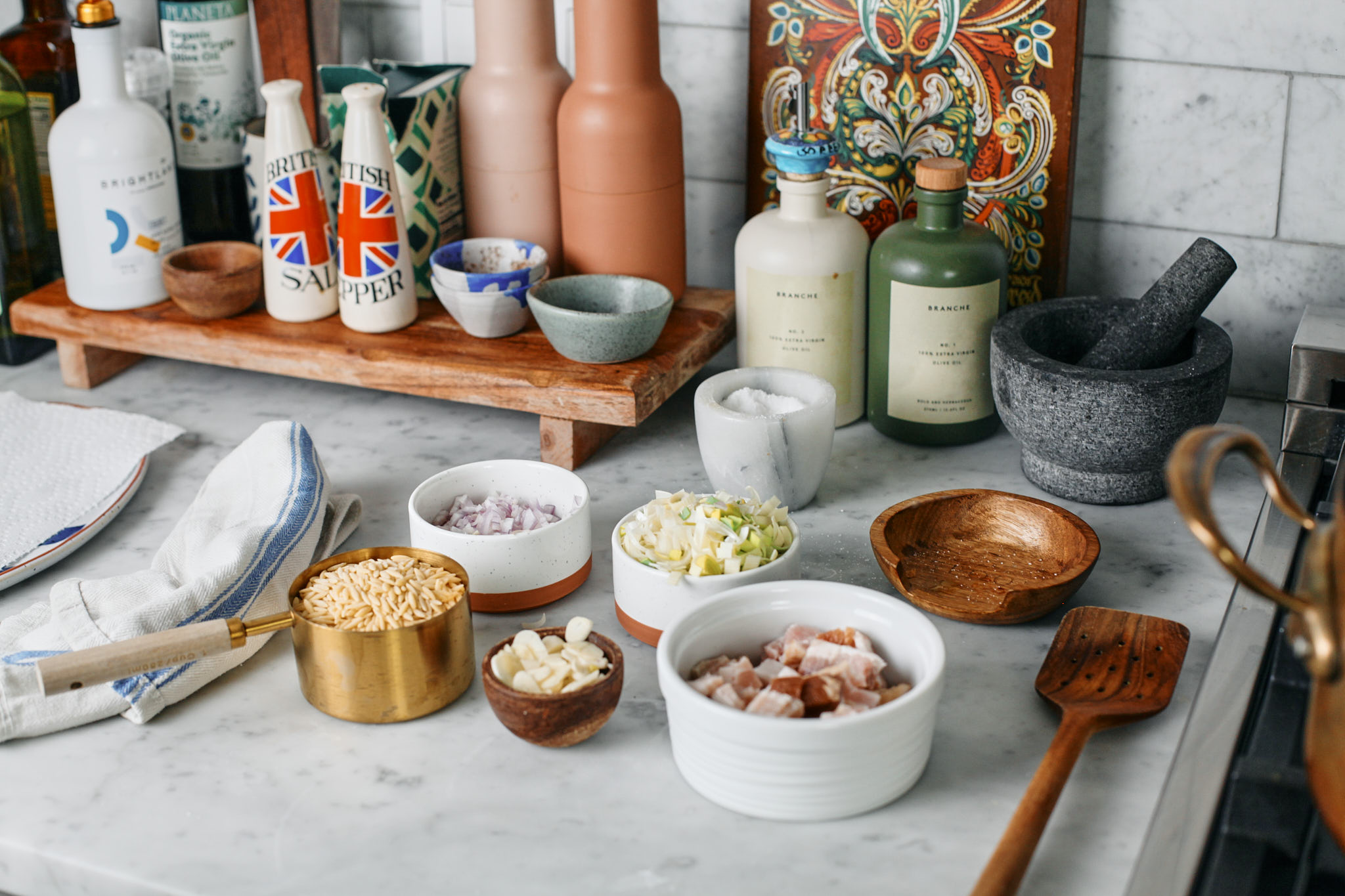 prep for the toasted orzo potato leek soup - chopped shallot, leek, garlic, and orzo