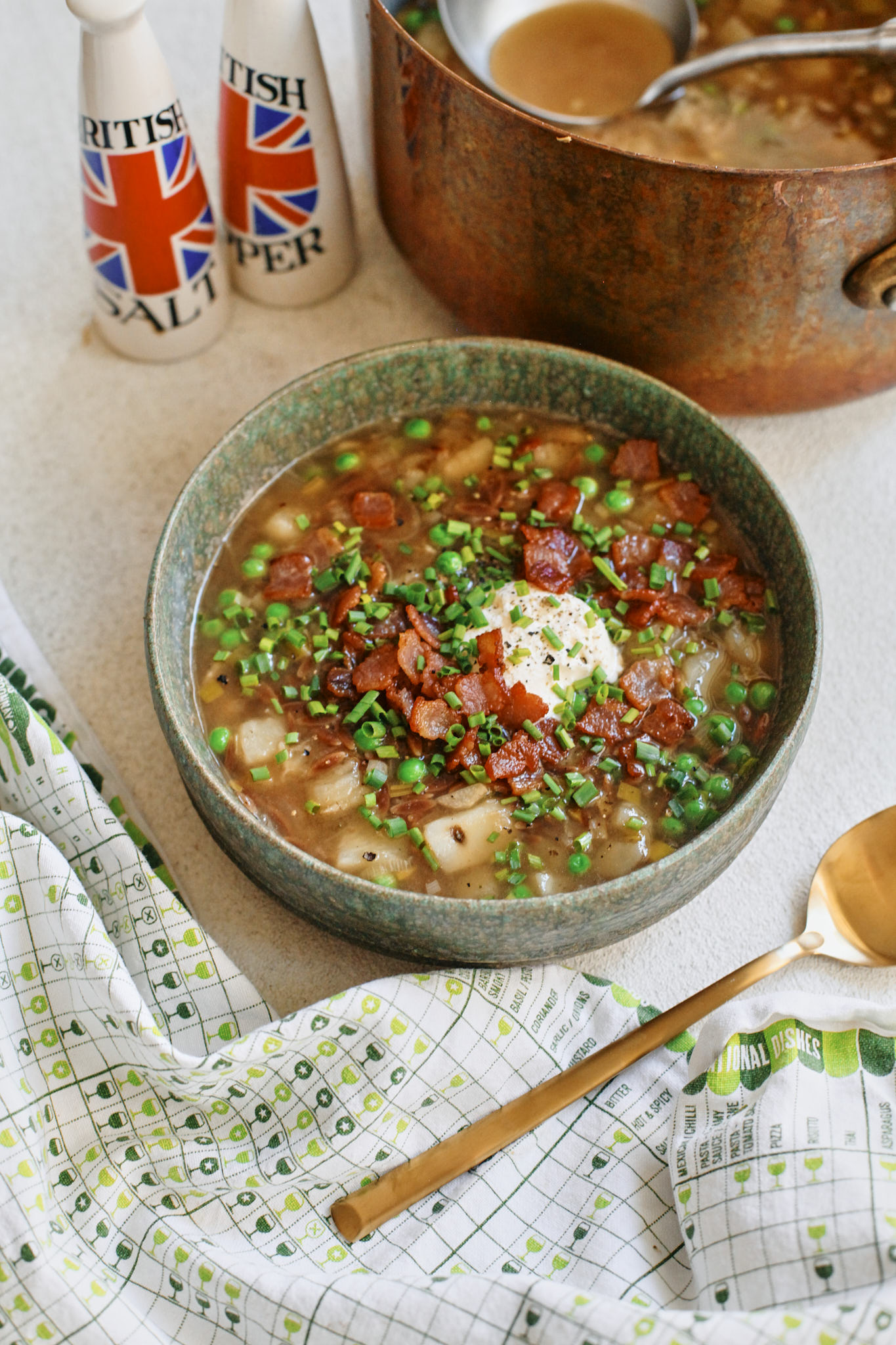 toasted orzo potato leek soup with peas, bacon, chives and creme fraiche