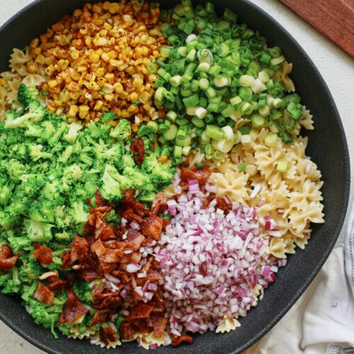 Roasted corn pasta salad with bacon, broccoli, boursin and herbs