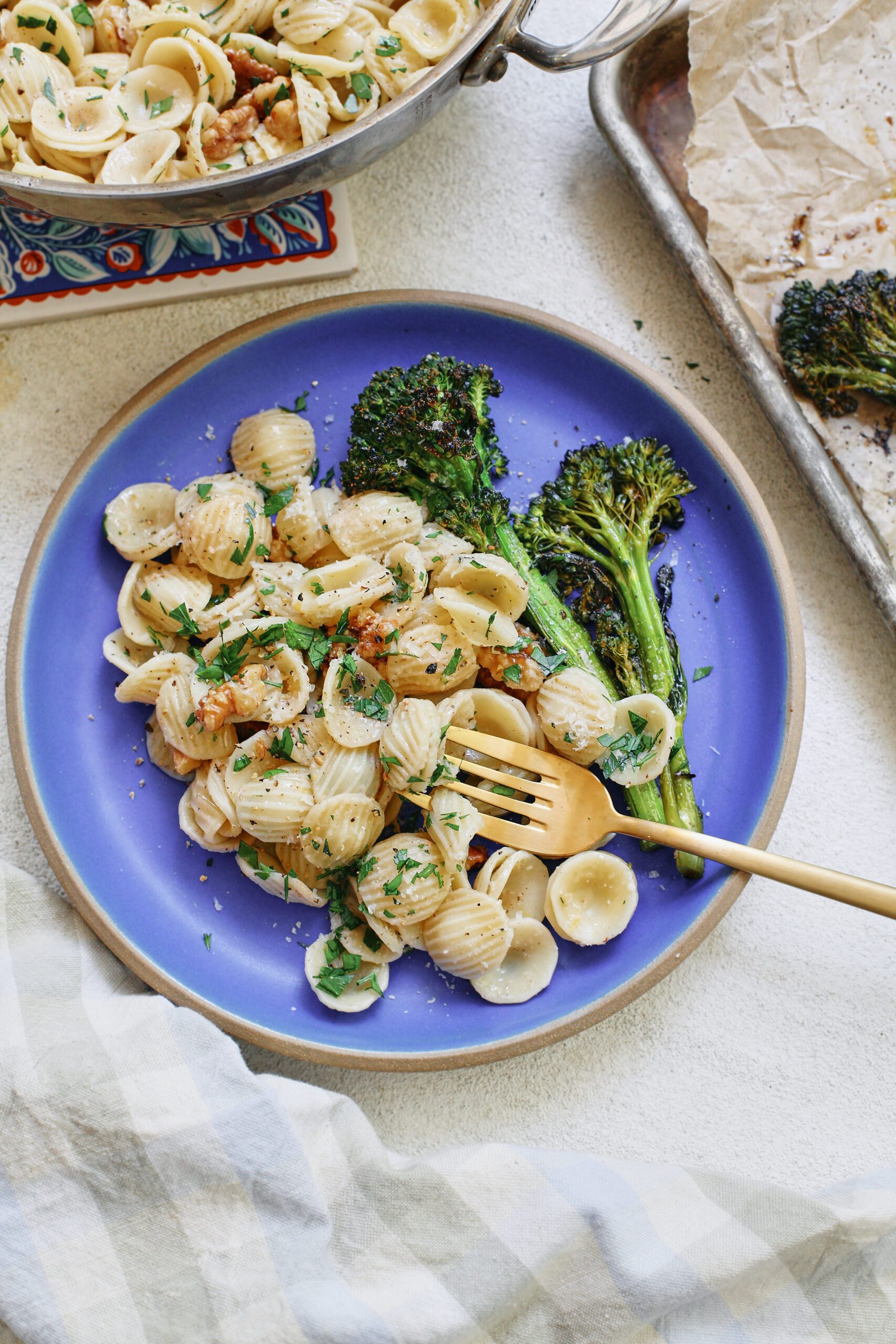 brown butter walnut pasta with lemon and broccolini