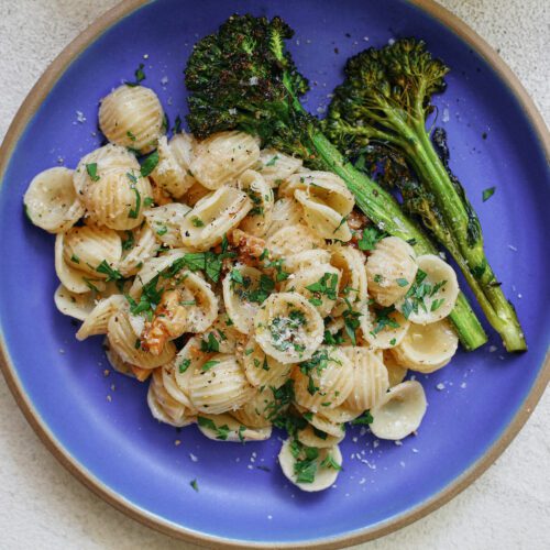 brown butter walnut pasta with lemon and broccolini