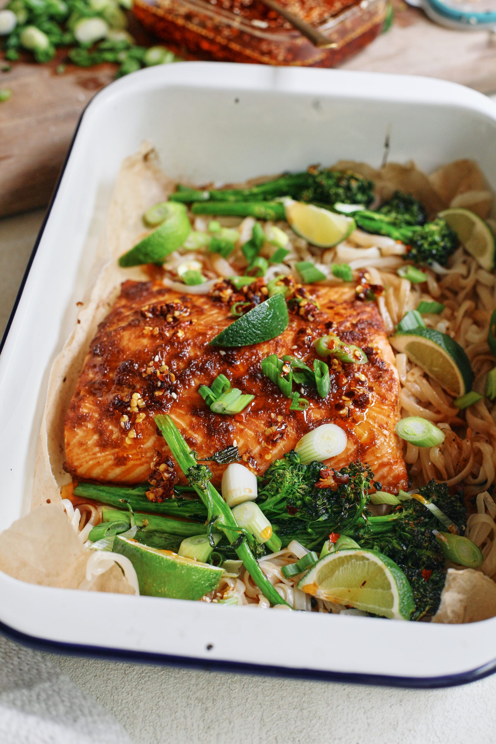 sheet pan sticky salmon and noodles with broccolini