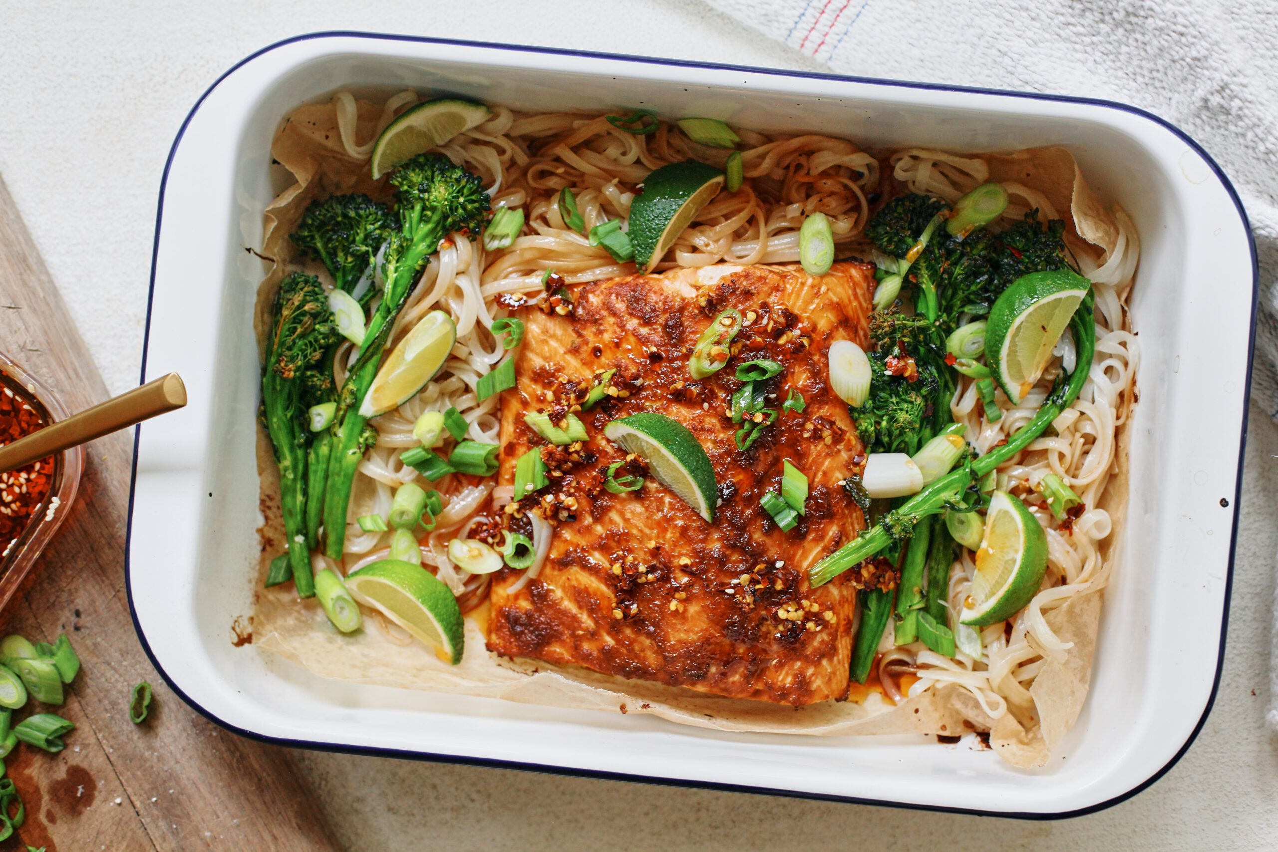 sheet pan sticky salmon and noodles with broccolini