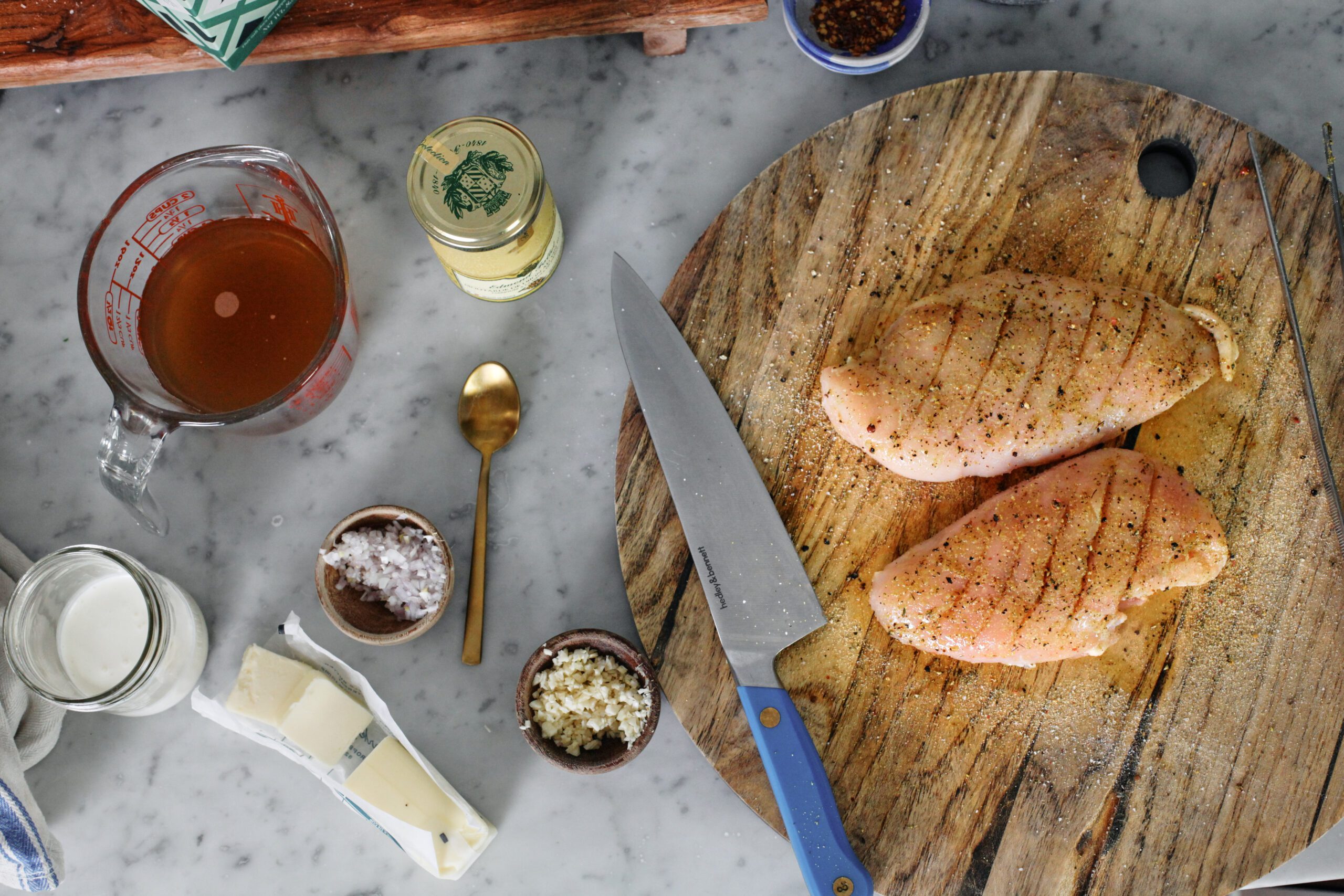 Chicken with Garlic Shallot Cream Sauce 10 all the prep for this dish: seasoned chicken breast, dijon mustard, minced shallot, minced garlic, chicken broth, butter, cream.