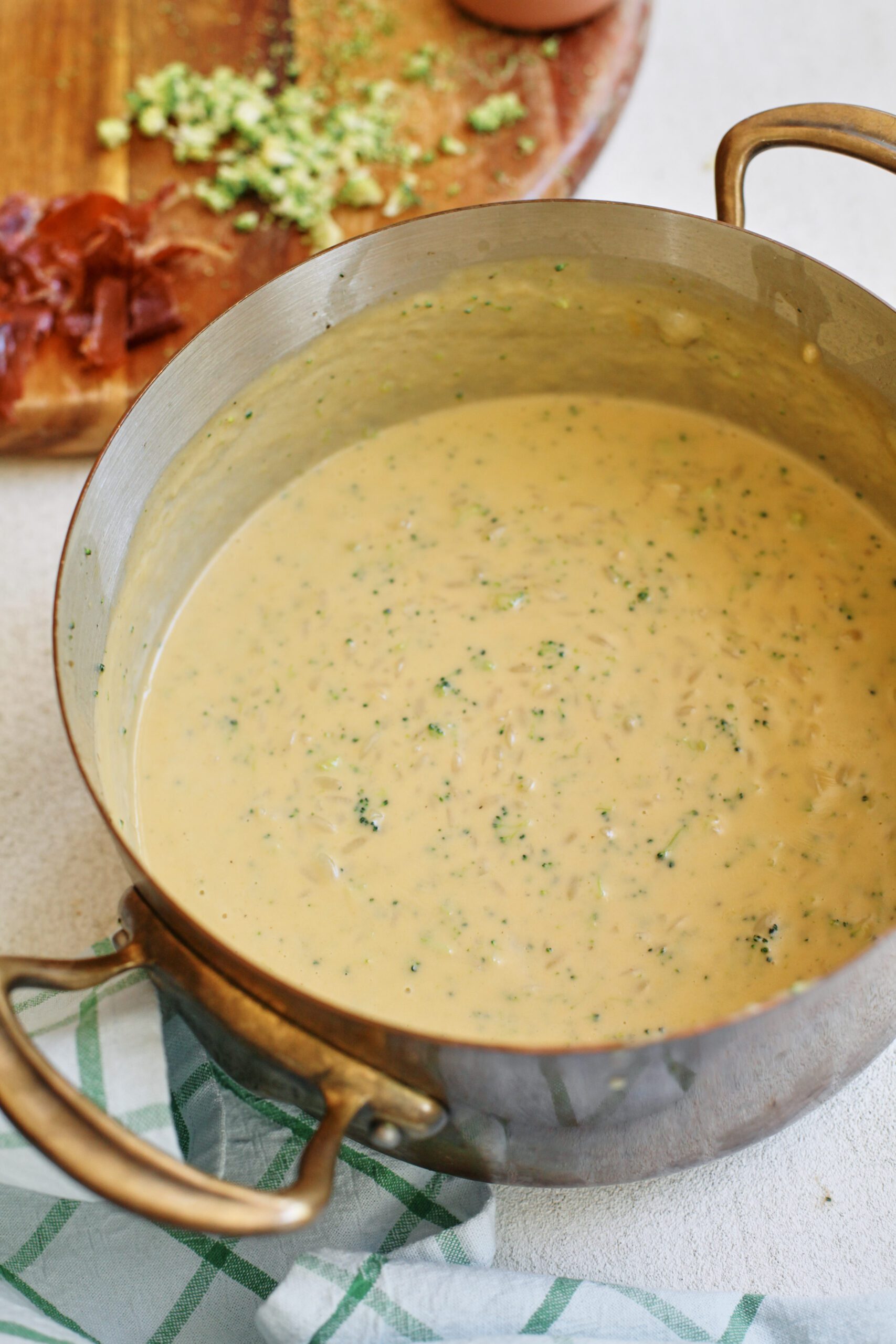 Broccoli Cheddar Orzo Soup 3 creamy broccoli cheddar orzo soup in the pot ready to be served