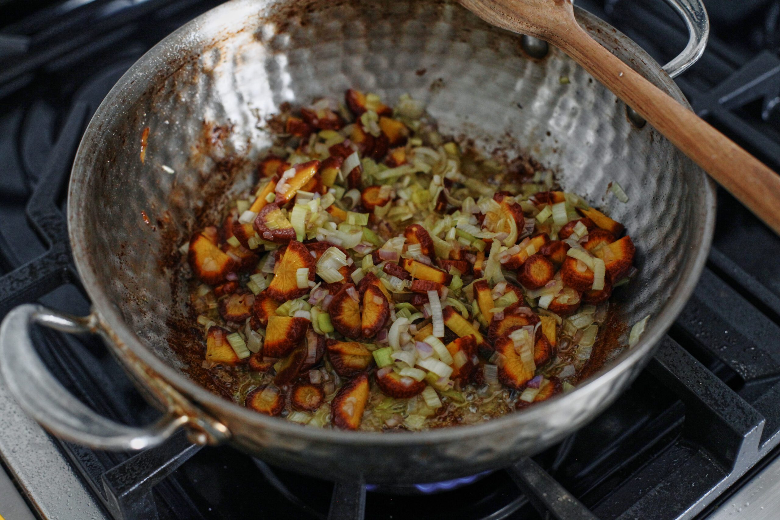 all of the mise en place sautéeing in the skillet