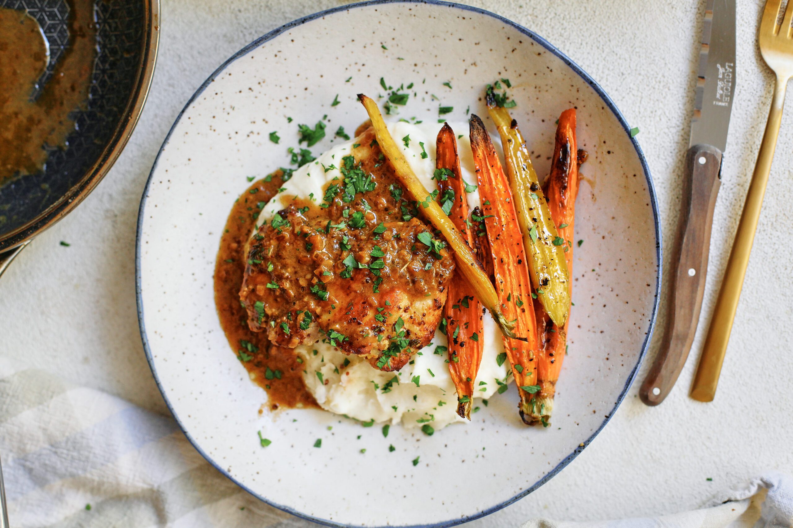garlic herb chicken with honey butter carrots and mashed potatoes
