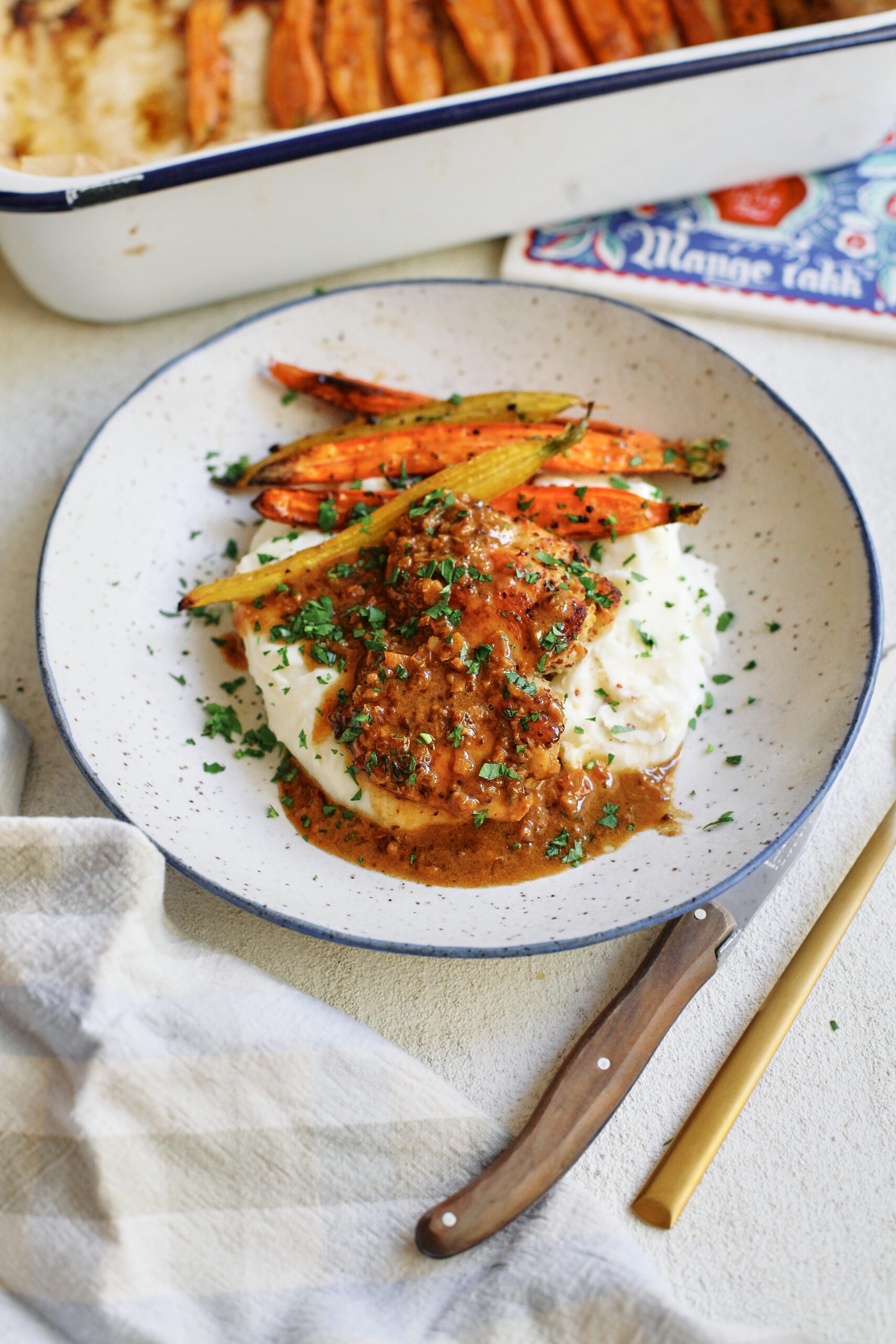garlic herb chicken with honey butter carrots and mashed potatoes