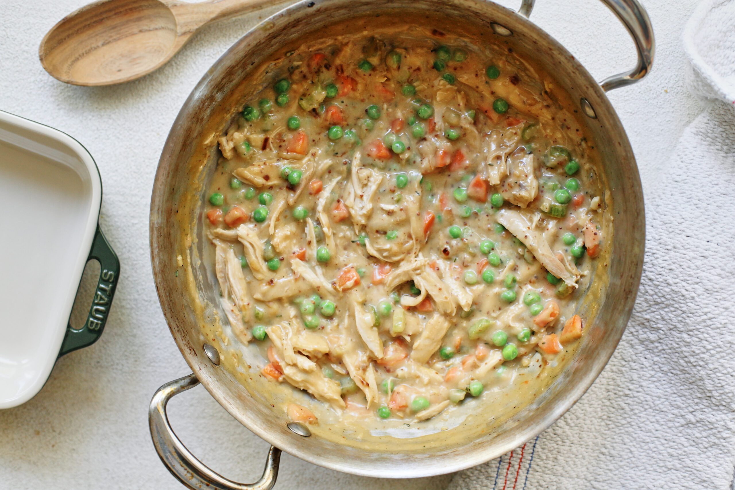 chicken pot pie filling in a stainless steel pan