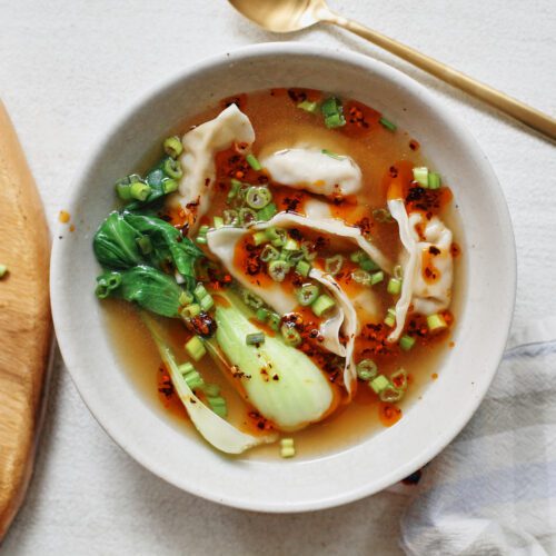 brothy dumpling soup with baby bok choy