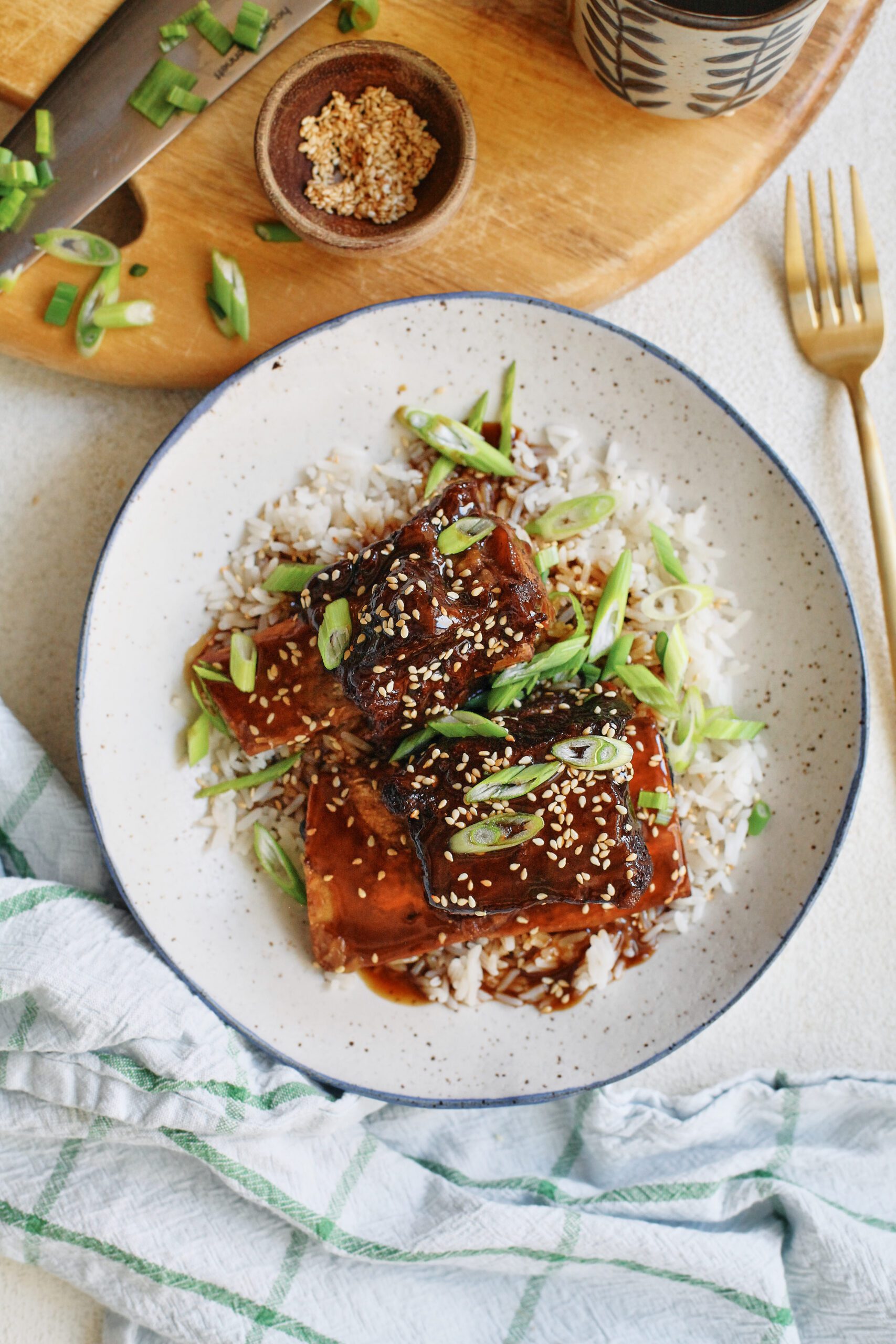 sticky soy and citrus short ribs over white rice, garnished with green onions and sesame seeds